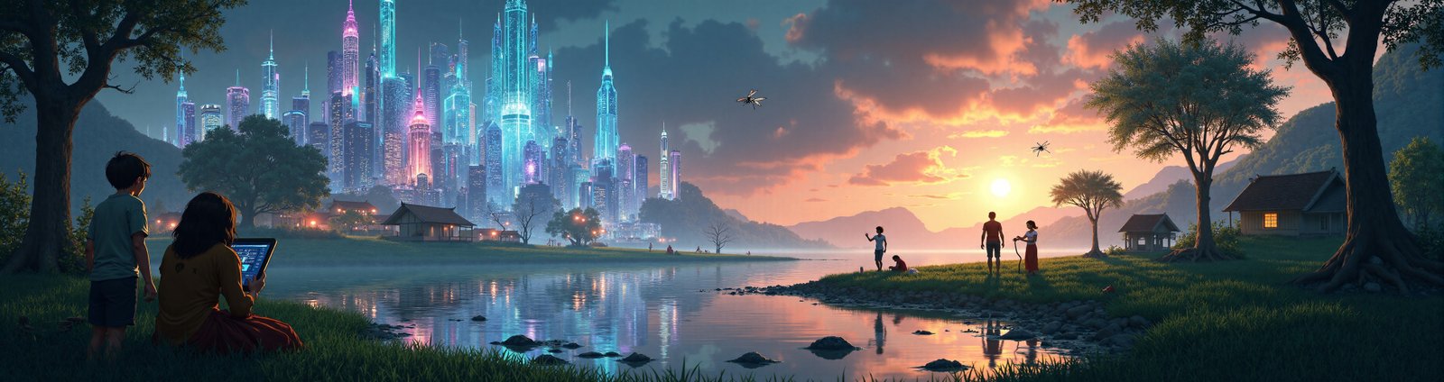 AI generated creators at sunset by a lake