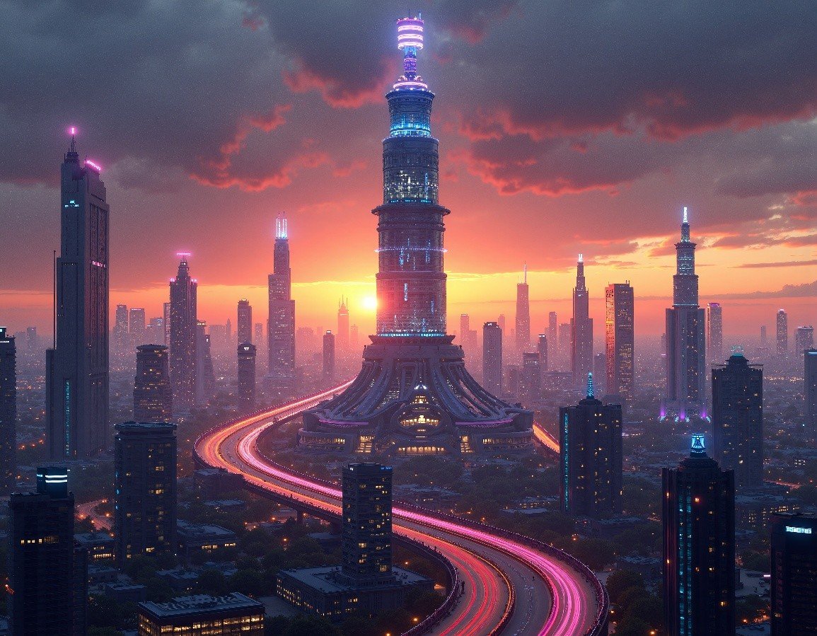 AI generated futuristic neon city